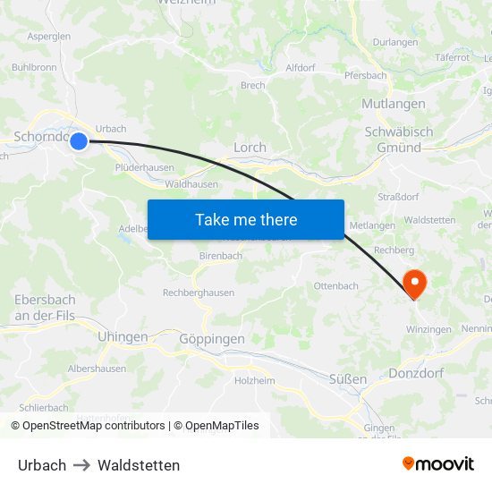 Urbach to Waldstetten map