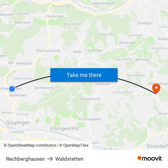 Rechberghausen to Waldstetten map