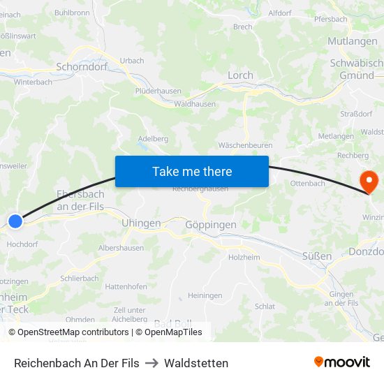 Reichenbach An Der Fils to Waldstetten map