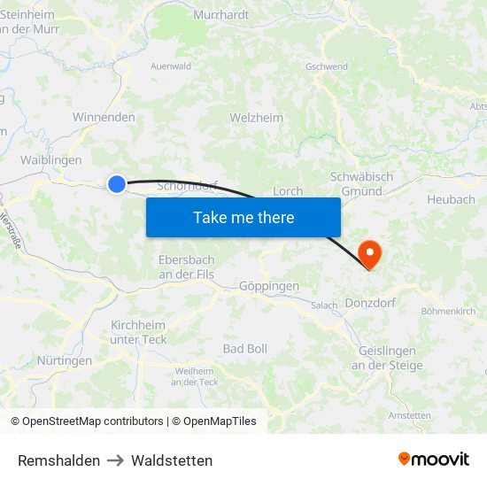 Remshalden to Waldstetten map