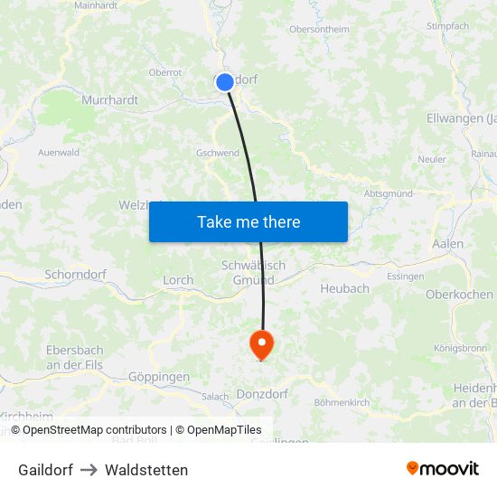 Gaildorf to Waldstetten map