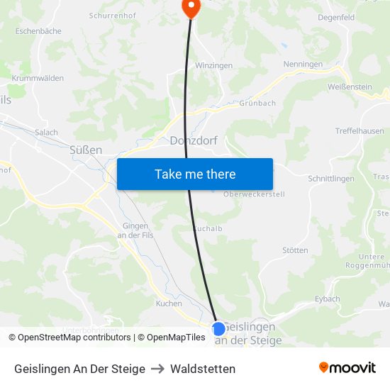 Geislingen An Der Steige to Waldstetten map