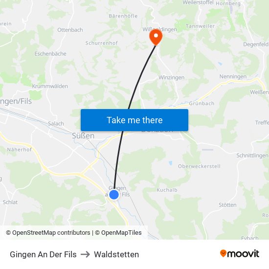 Gingen An Der Fils to Waldstetten map