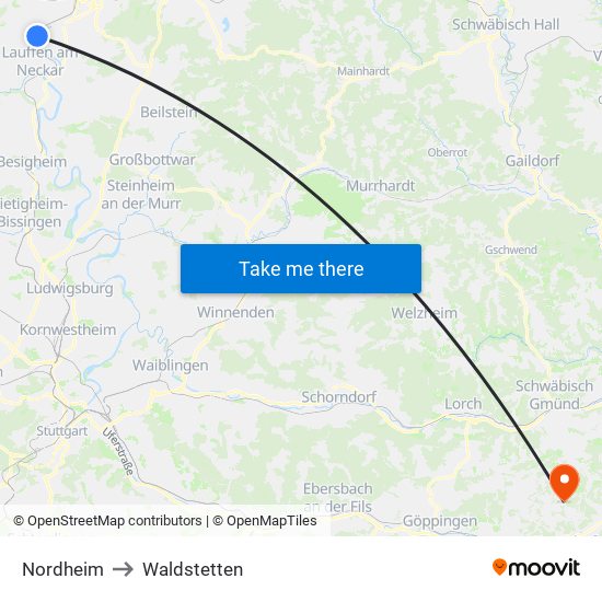 Nordheim to Waldstetten map