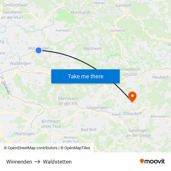 Winnenden to Waldstetten map