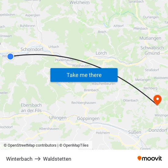 Winterbach to Waldstetten map