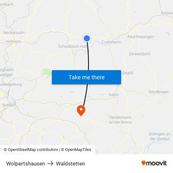 Wolpertshausen to Waldstetten map