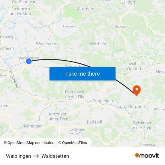 Waiblingen to Waldstetten map