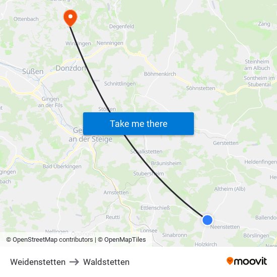 Weidenstetten to Waldstetten map