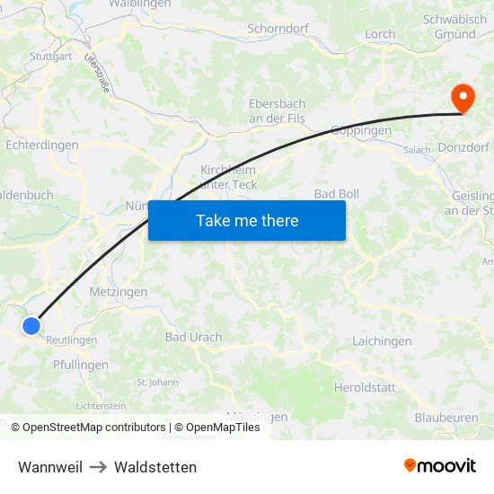 Wannweil to Waldstetten map