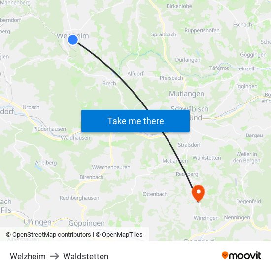 Welzheim to Waldstetten map