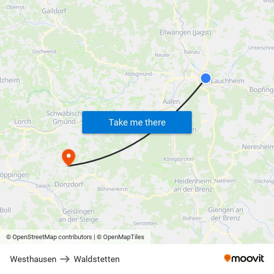 Westhausen to Waldstetten map