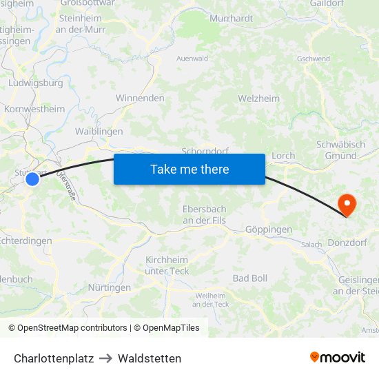 Charlottenplatz to Waldstetten map