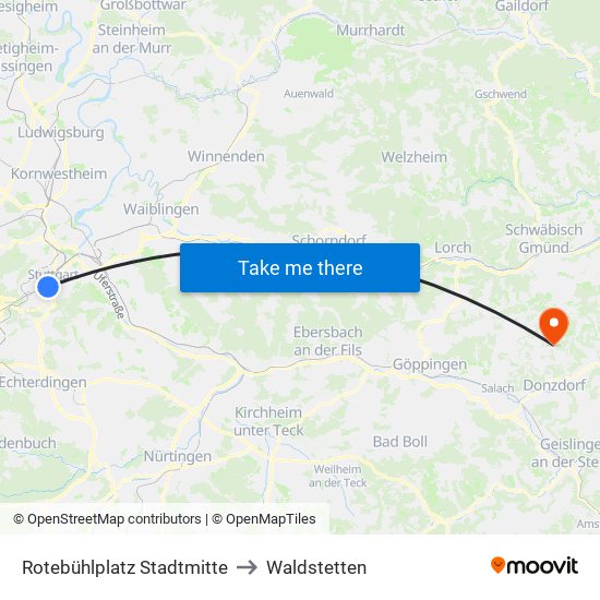 Rotebühlplatz Stadtmitte to Waldstetten map