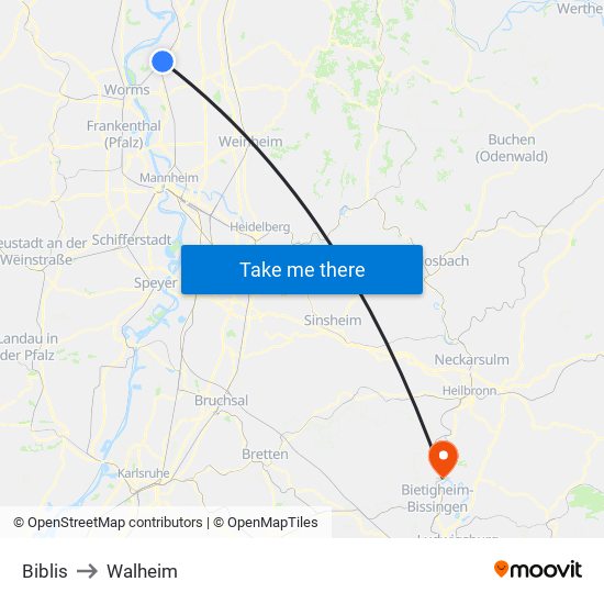 Biblis to Walheim map