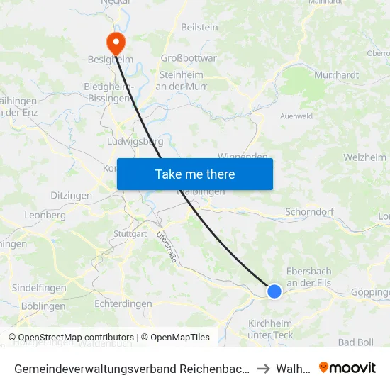 Gemeindeverwaltungsverband Reichenbach An Der Fils to Walheim map