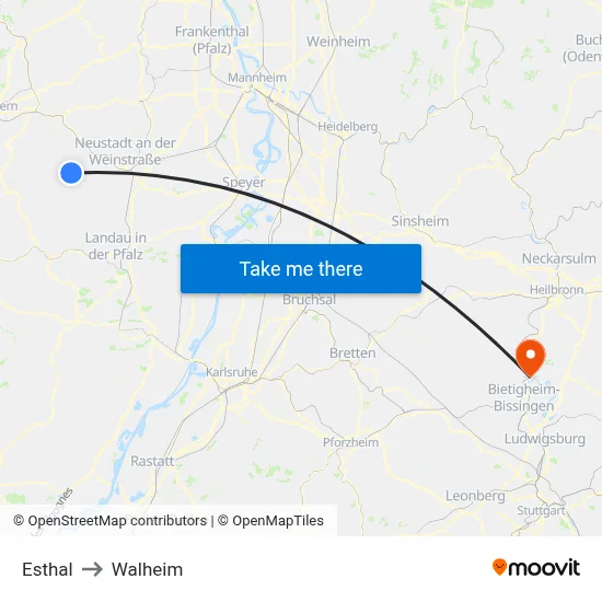 Esthal to Walheim map