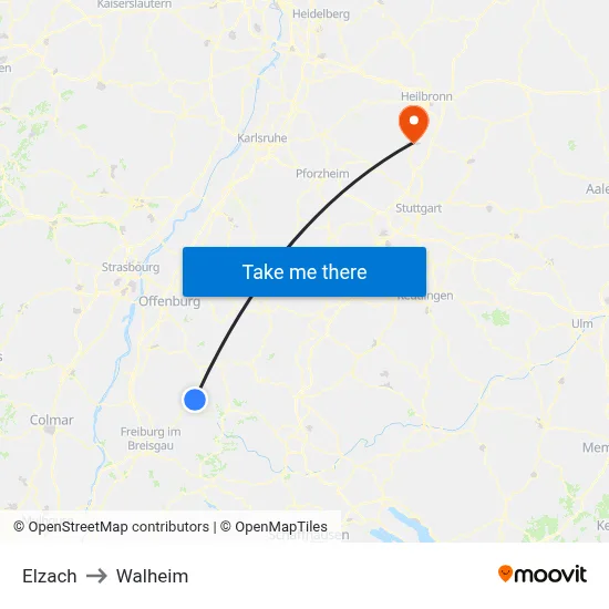 Elzach to Walheim map