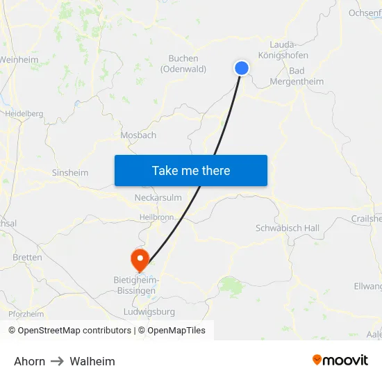Ahorn to Walheim map
