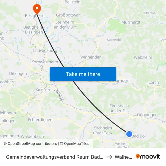 Gemeindeverwaltungsverband Raum Bad Boll to Walheim map