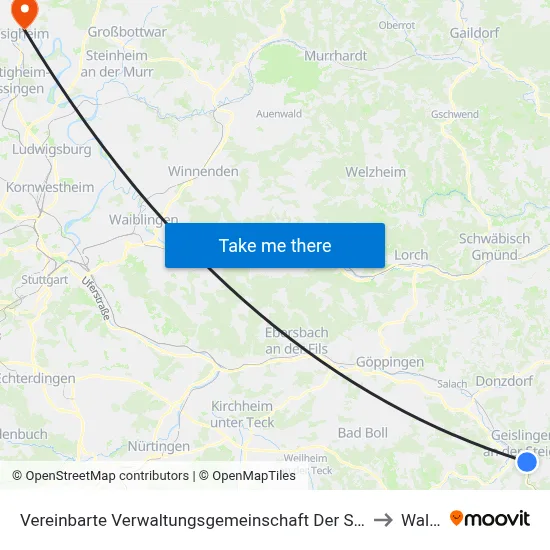 Vereinbarte Verwaltungsgemeinschaft Der Stadt Geislingen An Der Steige to Walheim map