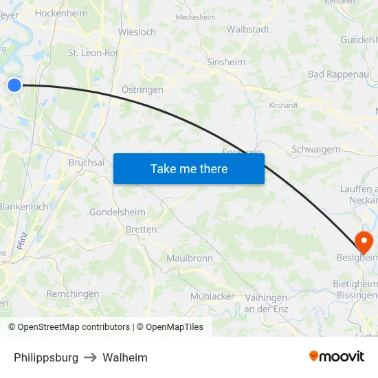Philippsburg to Walheim map
