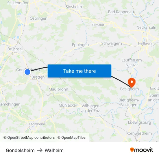 Gondelsheim to Walheim map
