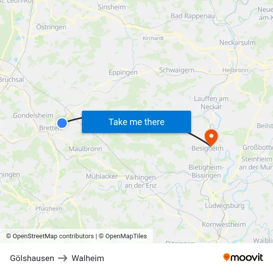 Gölshausen to Walheim map