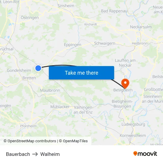 Bauerbach to Walheim map