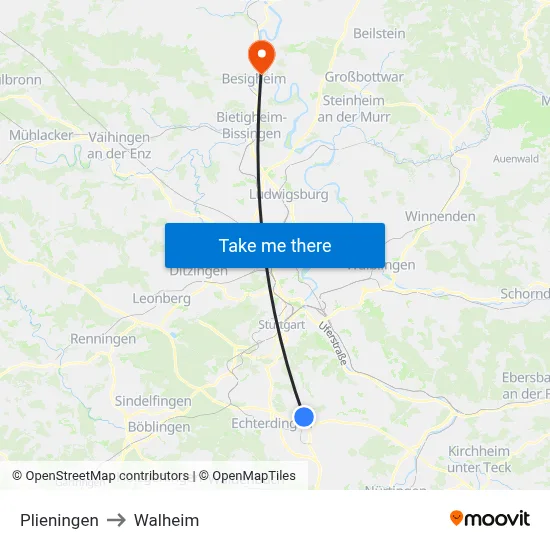 Plieningen to Walheim map