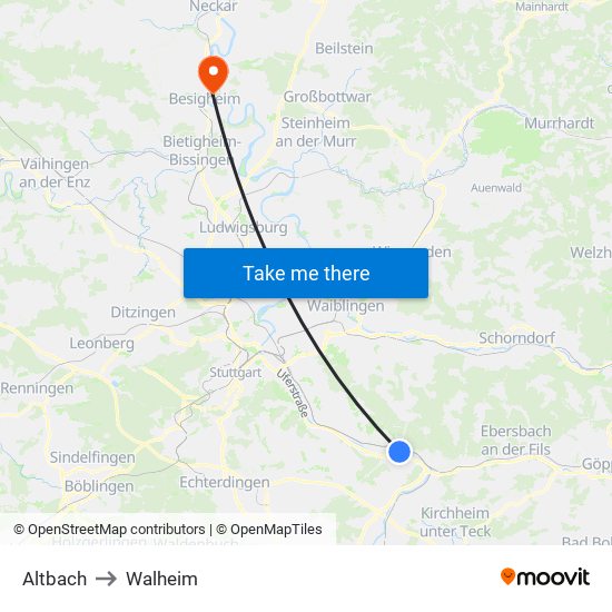 Altbach to Walheim map