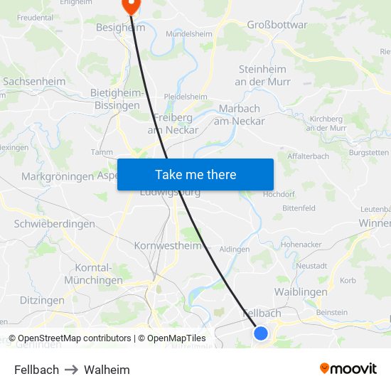 Fellbach to Walheim map