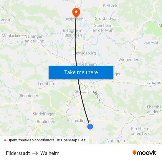 Filderstadt to Walheim map