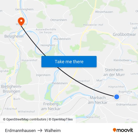 Erdmannhausen to Walheim map