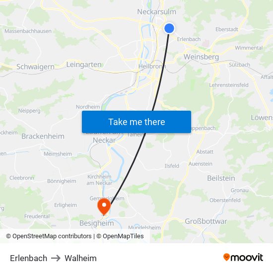 Erlenbach to Walheim map