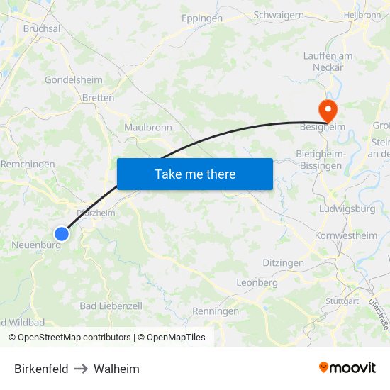 Birkenfeld to Walheim map