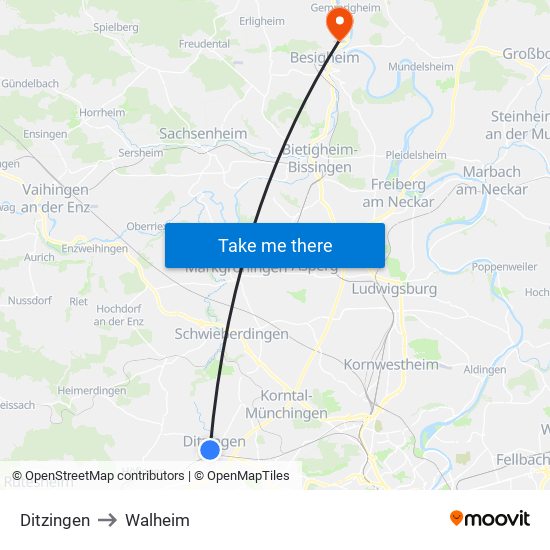 Ditzingen to Walheim map