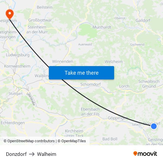 Donzdorf to Walheim map