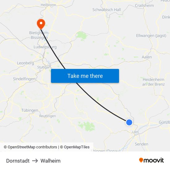 Dornstadt to Walheim map