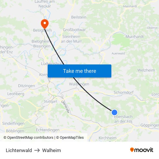 Lichtenwald to Walheim map