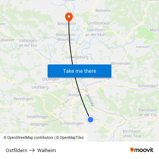 Ostfildern to Walheim map