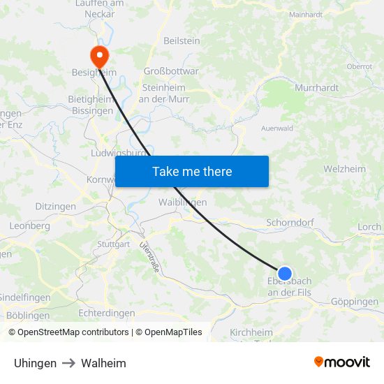 Uhingen to Walheim map