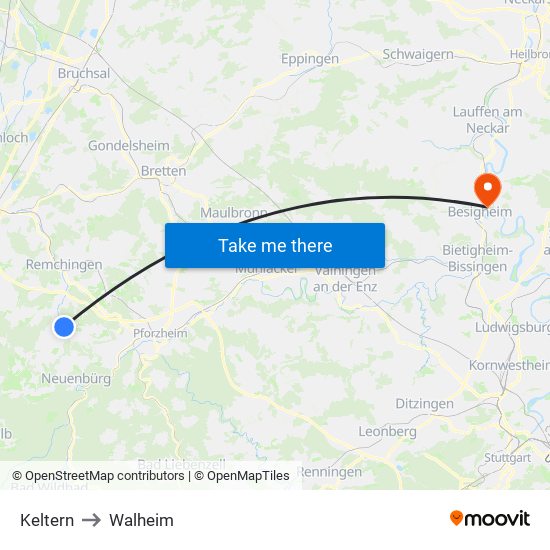 Keltern to Walheim map
