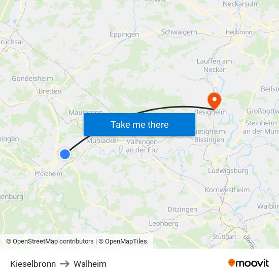 Kieselbronn to Walheim map