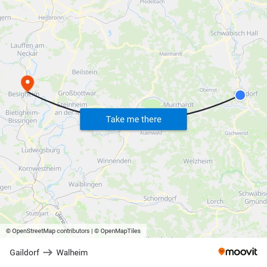 Gaildorf to Walheim map