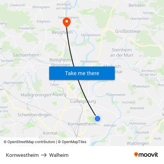 Kornwestheim to Walheim map