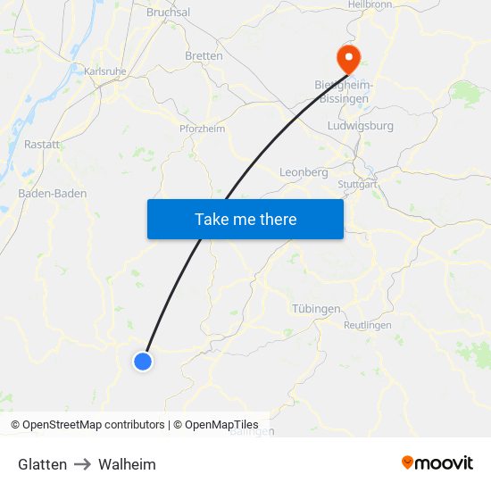 Glatten to Walheim map