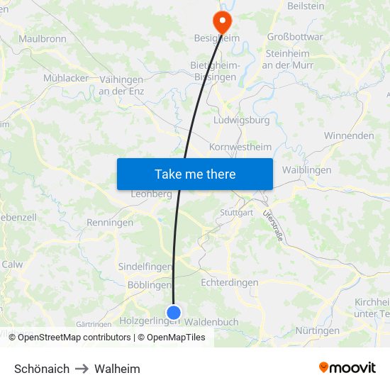 Schönaich to Walheim map