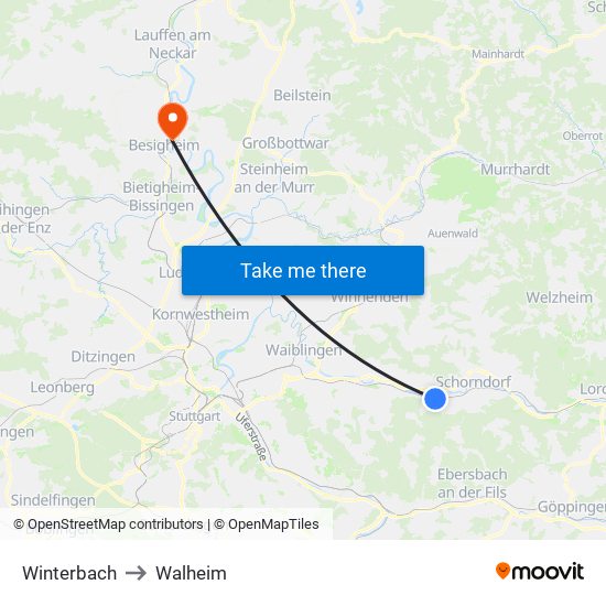 Winterbach to Walheim map