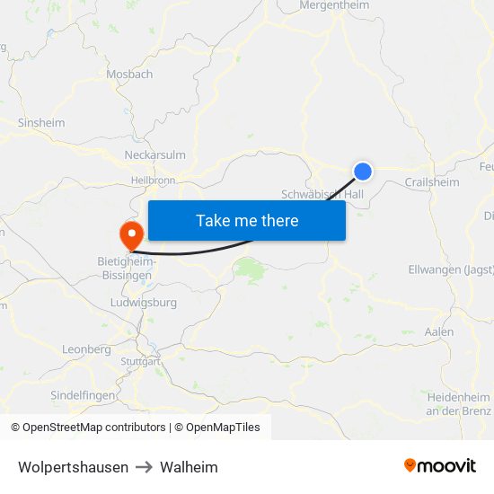 Wolpertshausen to Walheim map